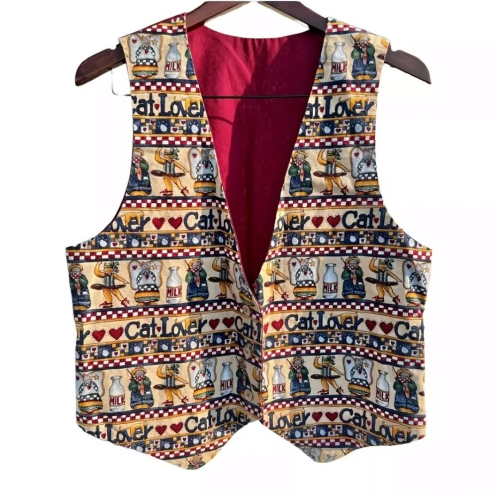 NWOT 80s Handmade Cat Lover Vest M-L 100% Cotton Tan Red